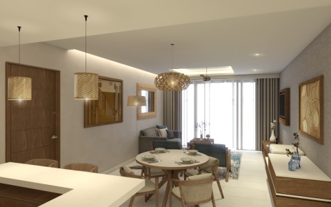 a room with a table and chairs