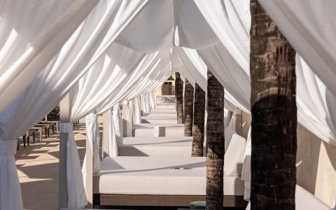a row of white beds under a canopy