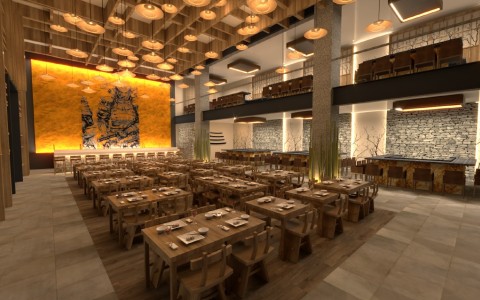 a large room with tables and chairs