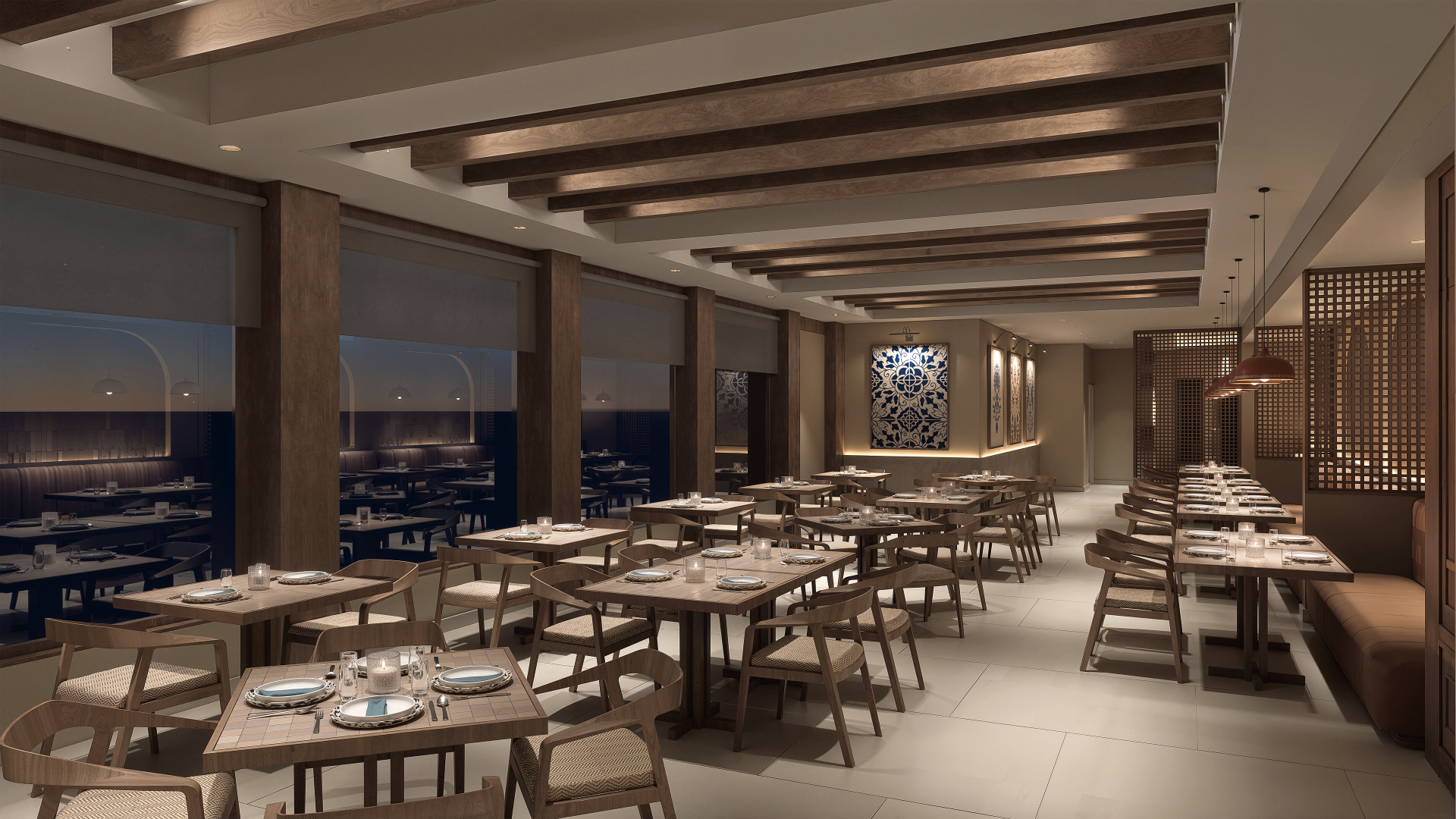 a room with tables and chairs