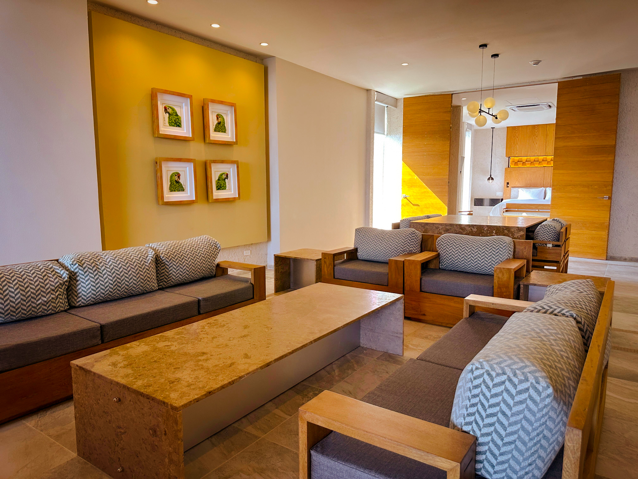 a room with couches and tables