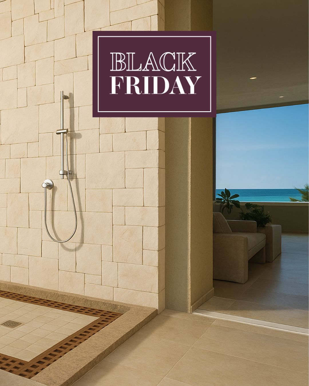 a shower with a shower head and a couch in the background