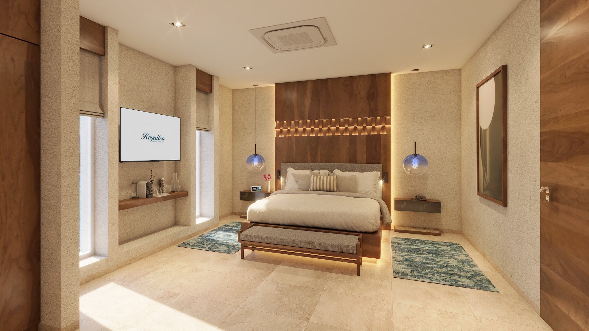 a bedroom with a bed and a tv