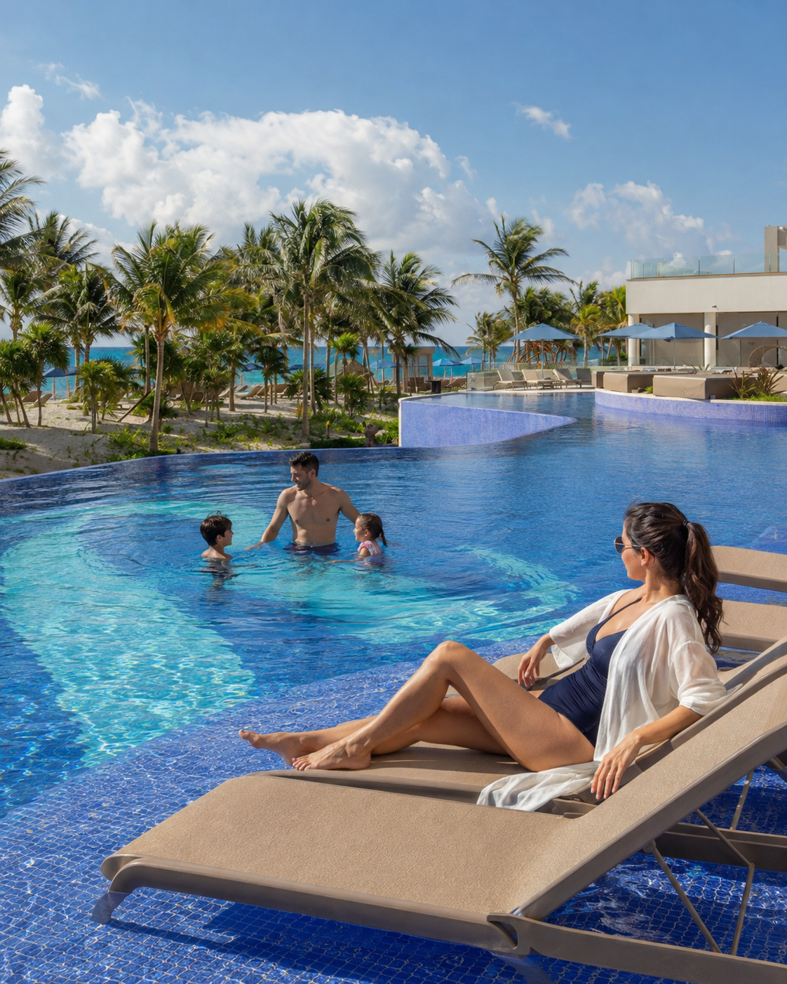 a woman and two children in a pool