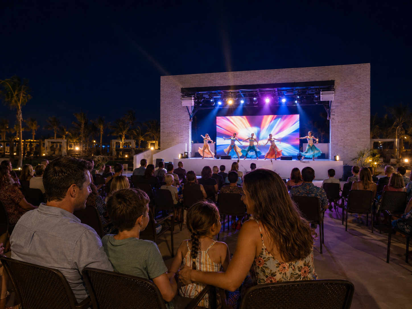 people sitting in chairs watching a group of people on stage