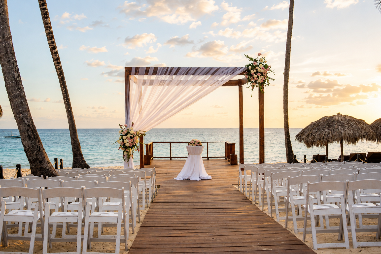 a wedding ceremony set up on a beach