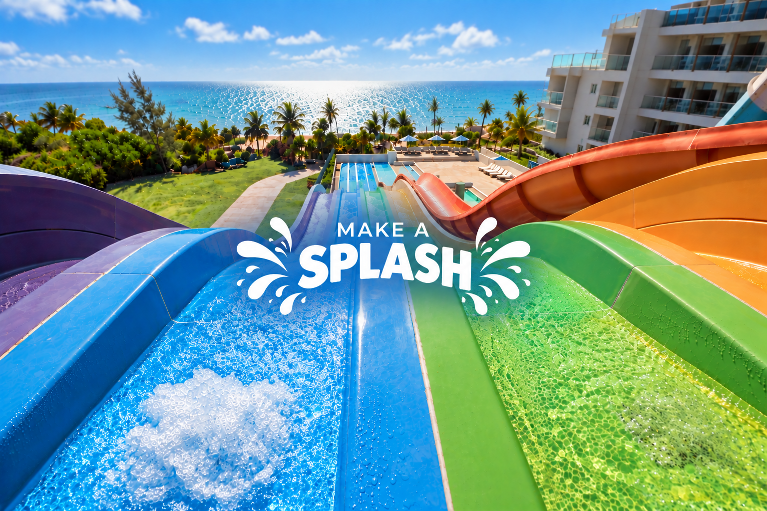 a water slide with a beach and trees