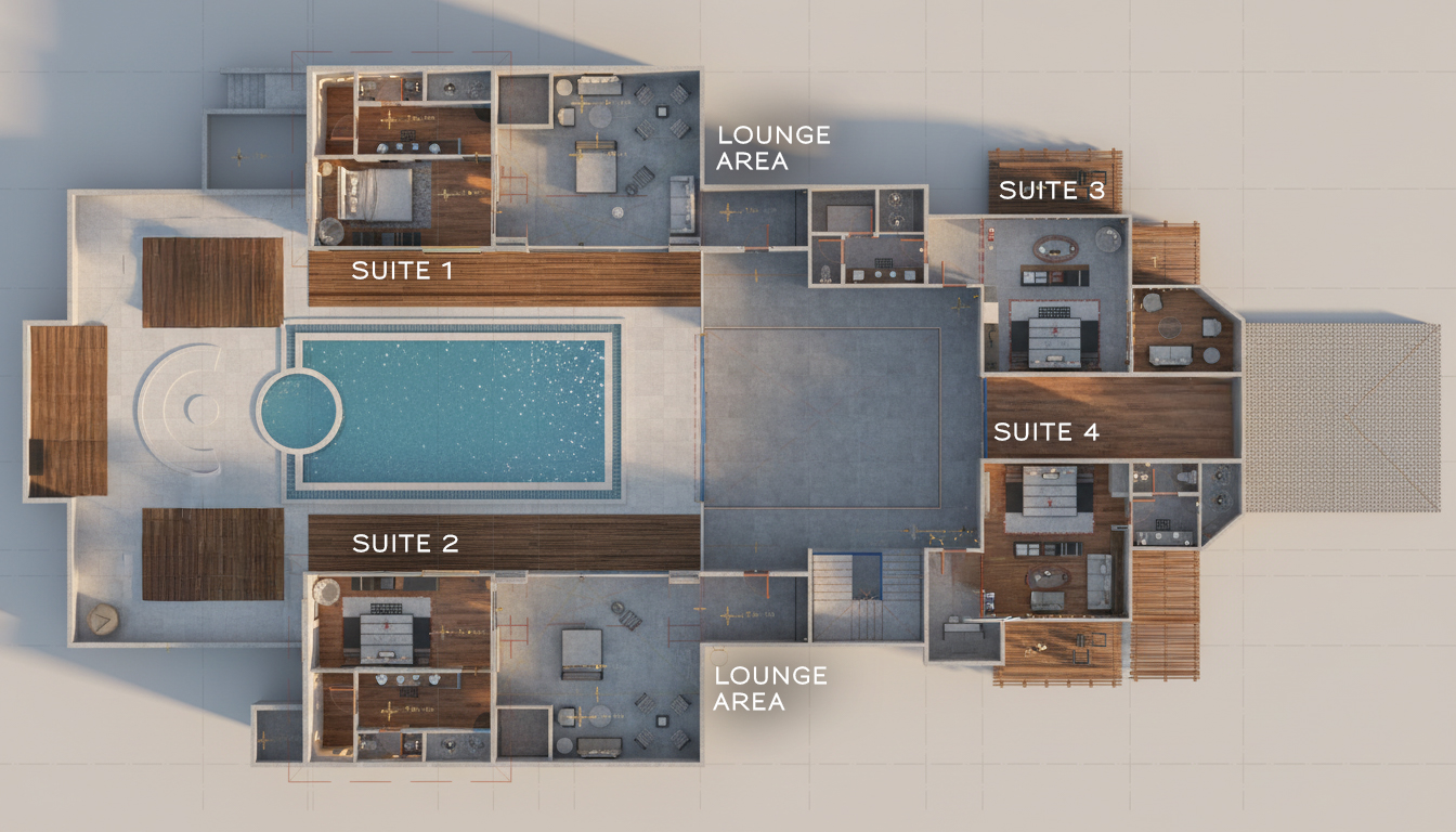 a floor plan of a house with a pool