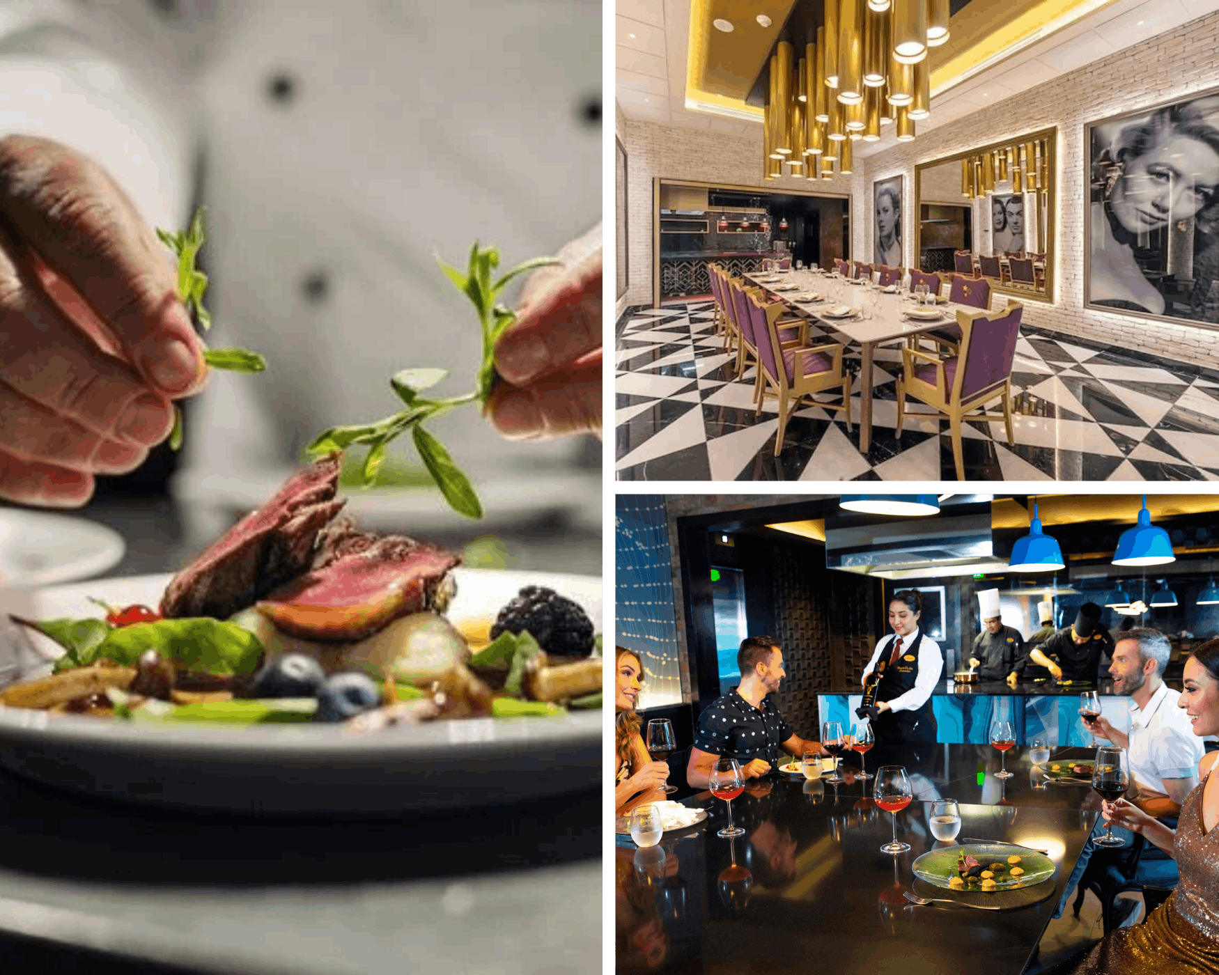 a collage of food and people in a restaurant