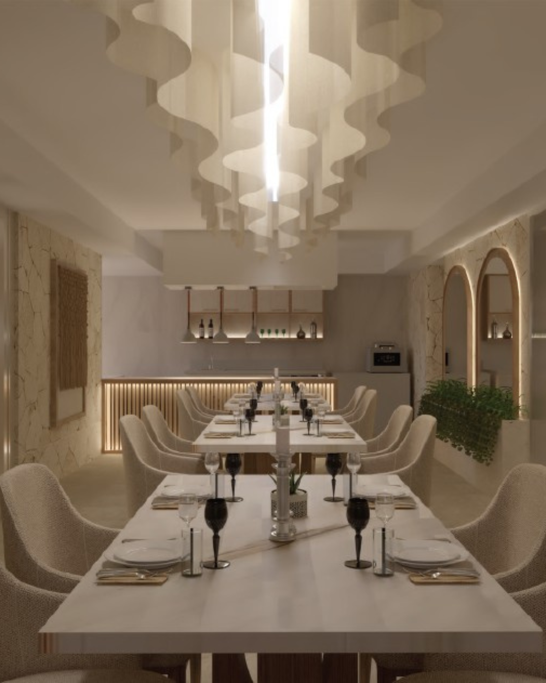 a long table with wine glasses and chairs