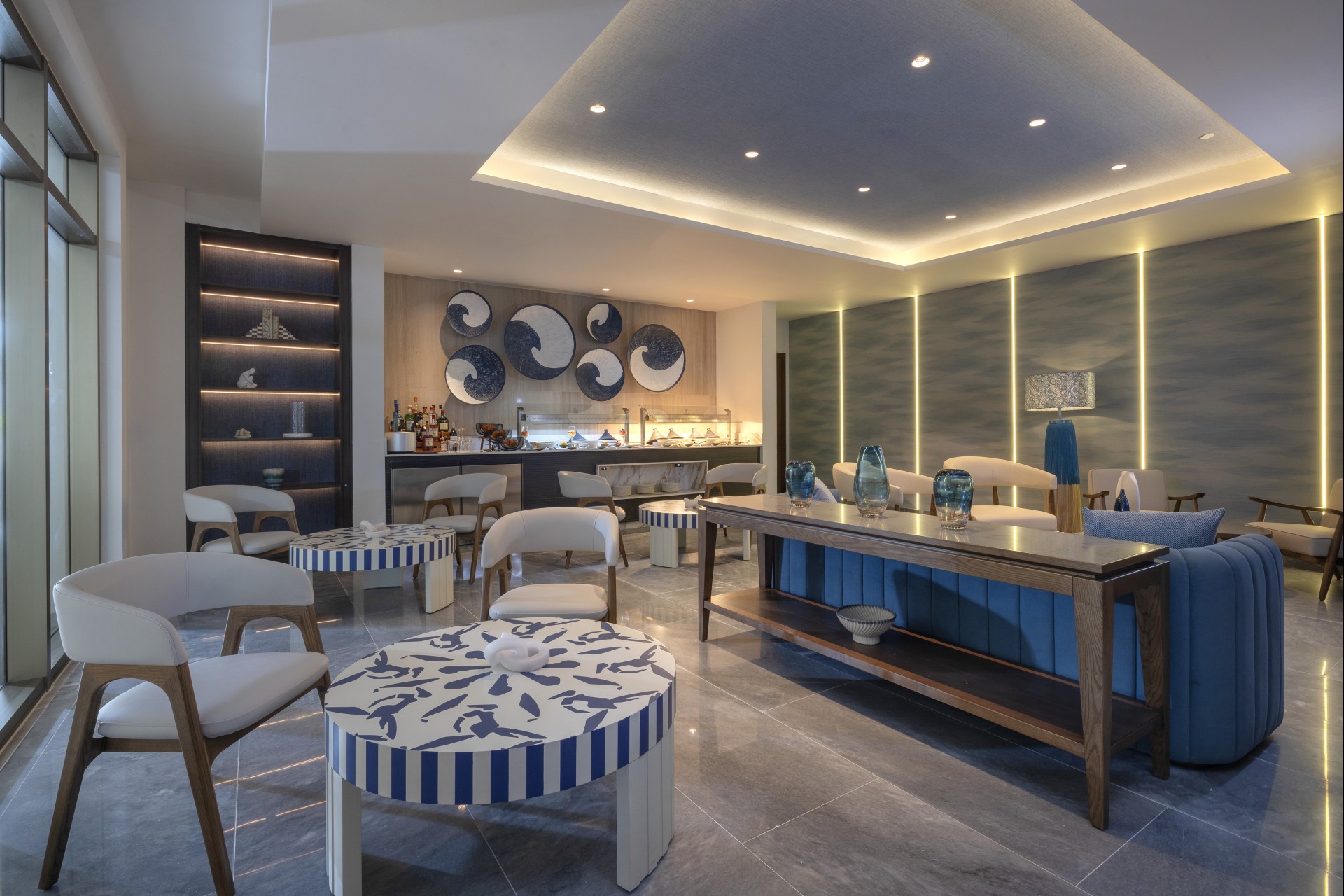 a room with tables and chairs
