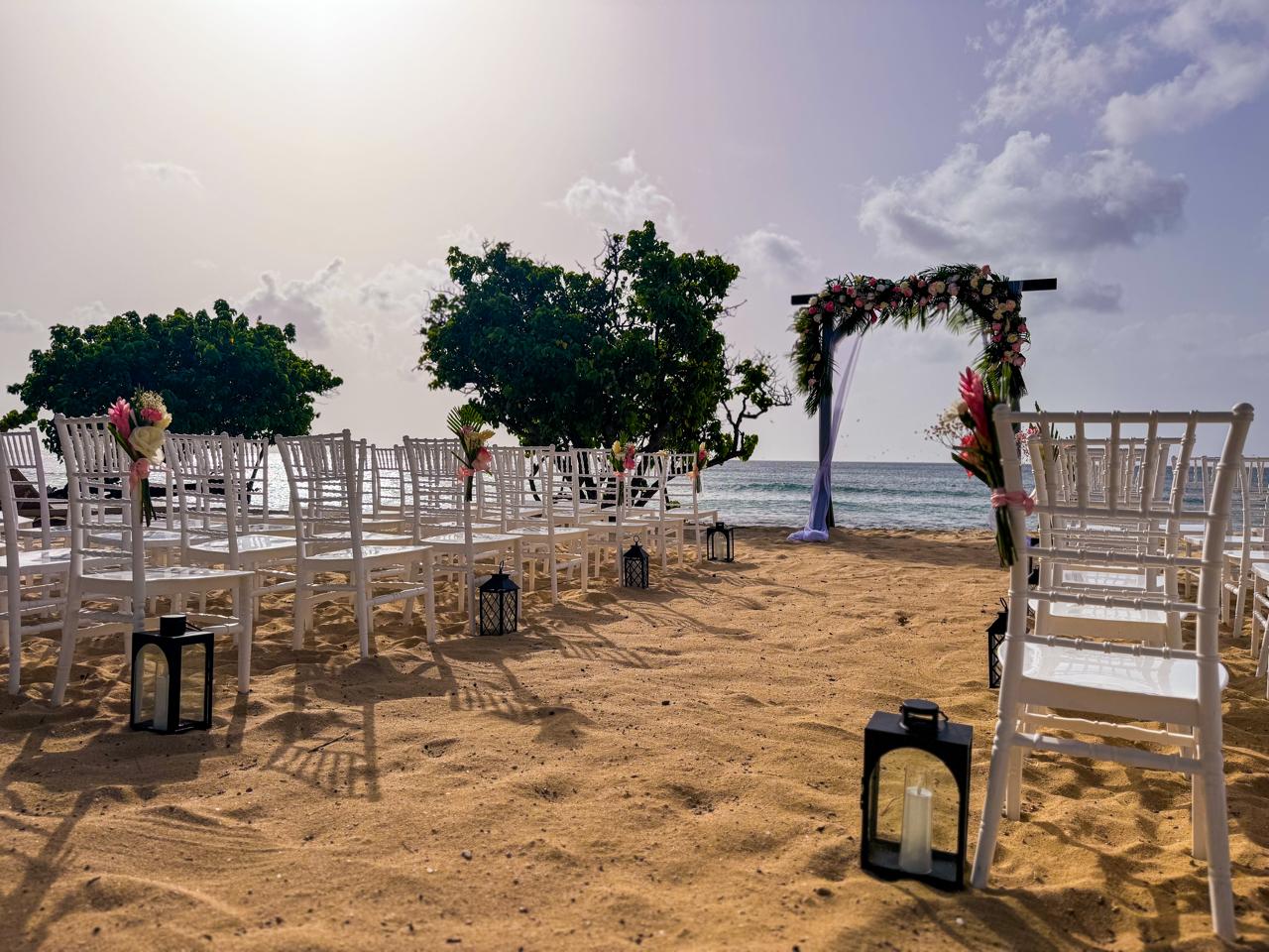 a group of chairs on a beach