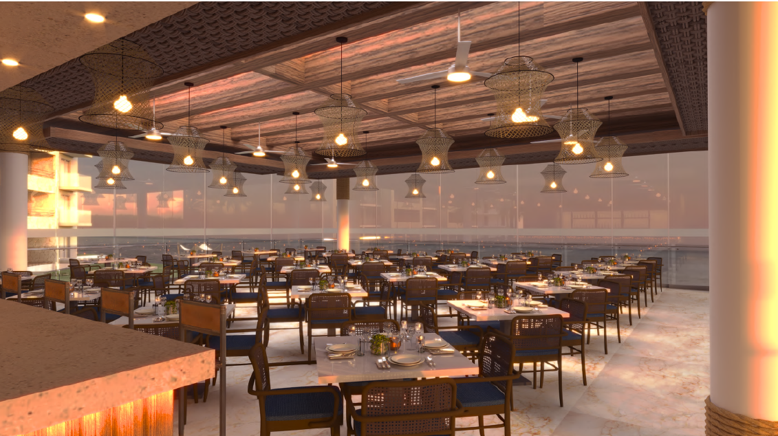a large room with tables and chairs