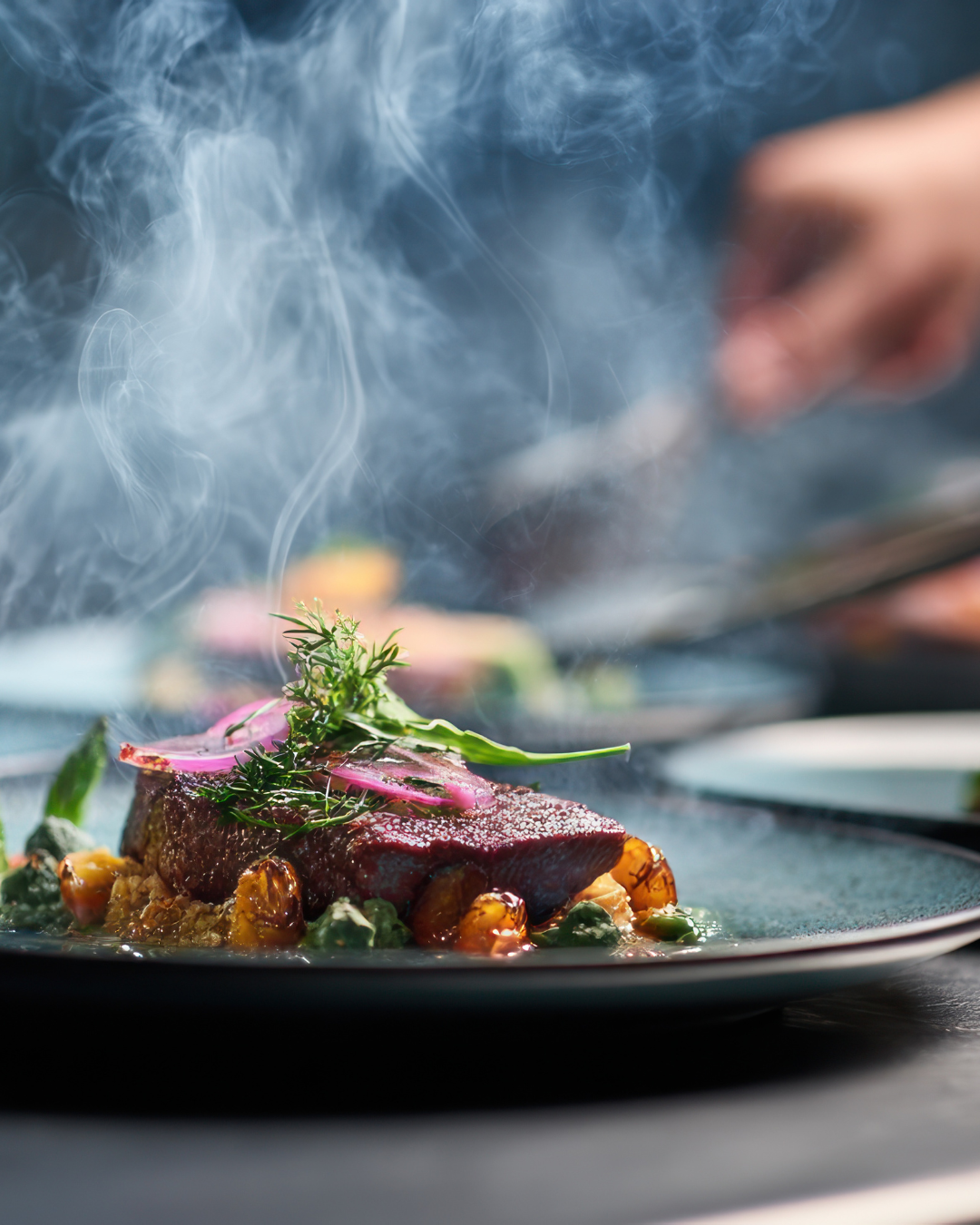 a plate of food with smoke coming out of it