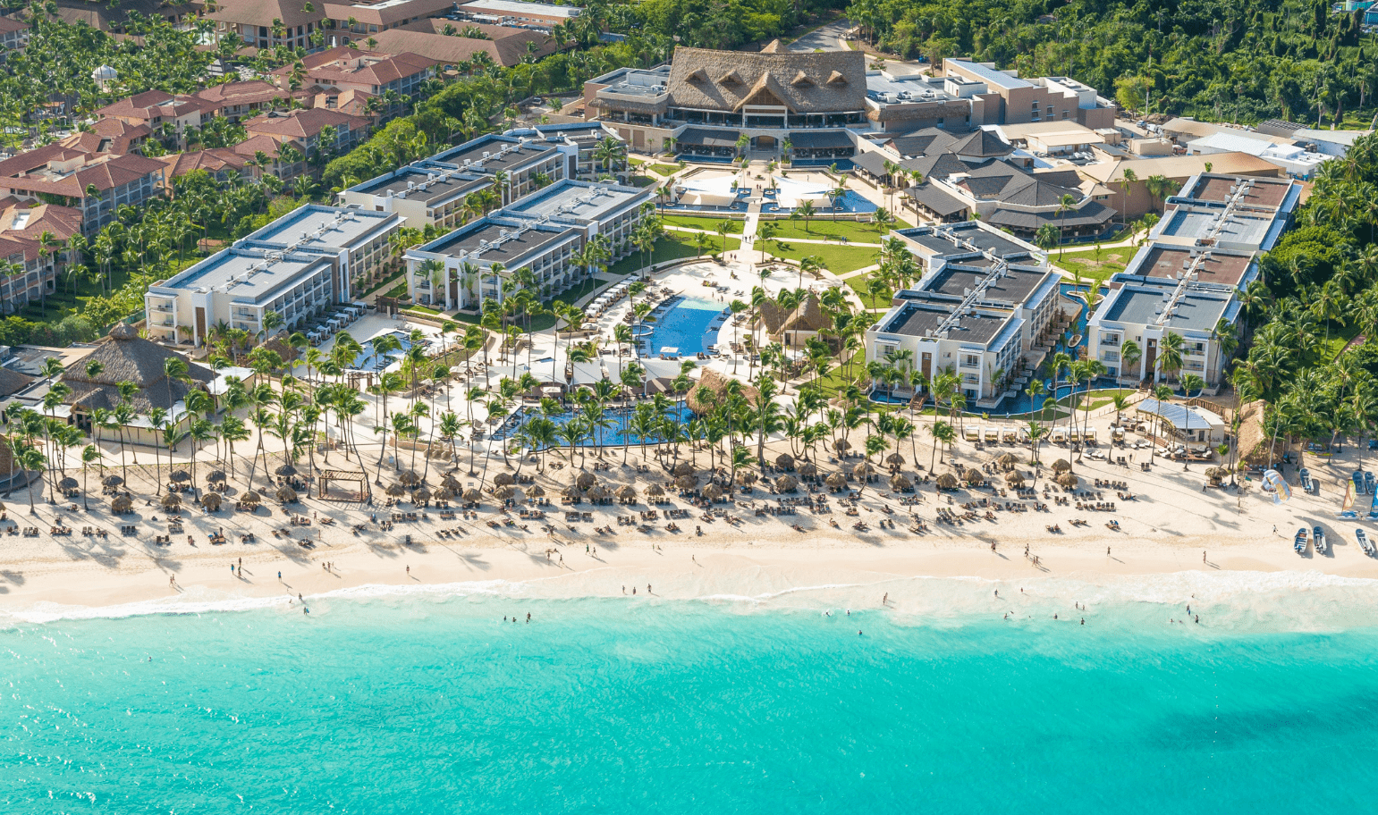 a beach with buildings and palm trees