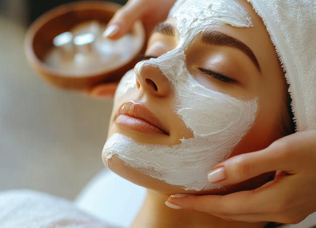 a woman with a white mask on her face