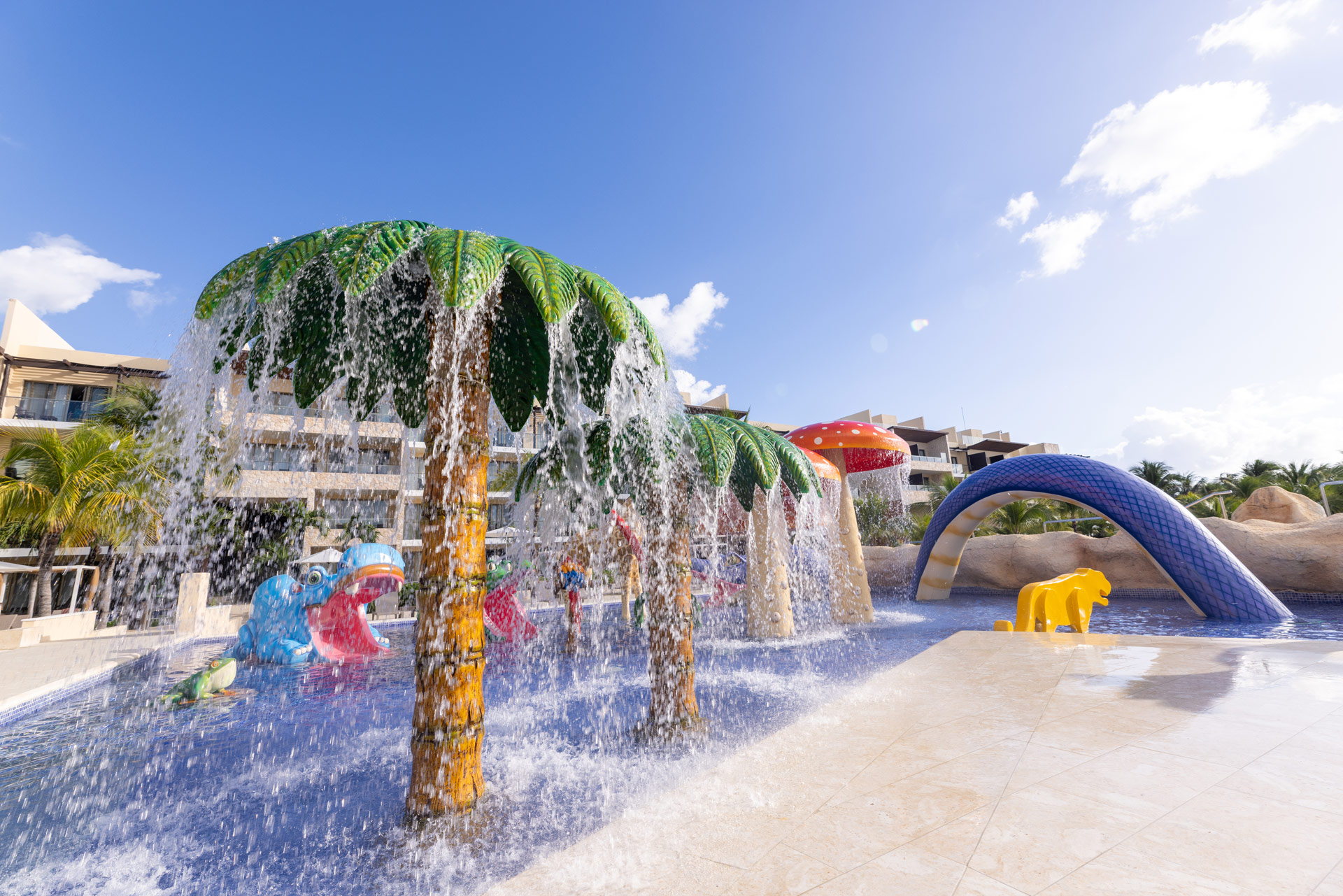 water park with palm trees and water slides