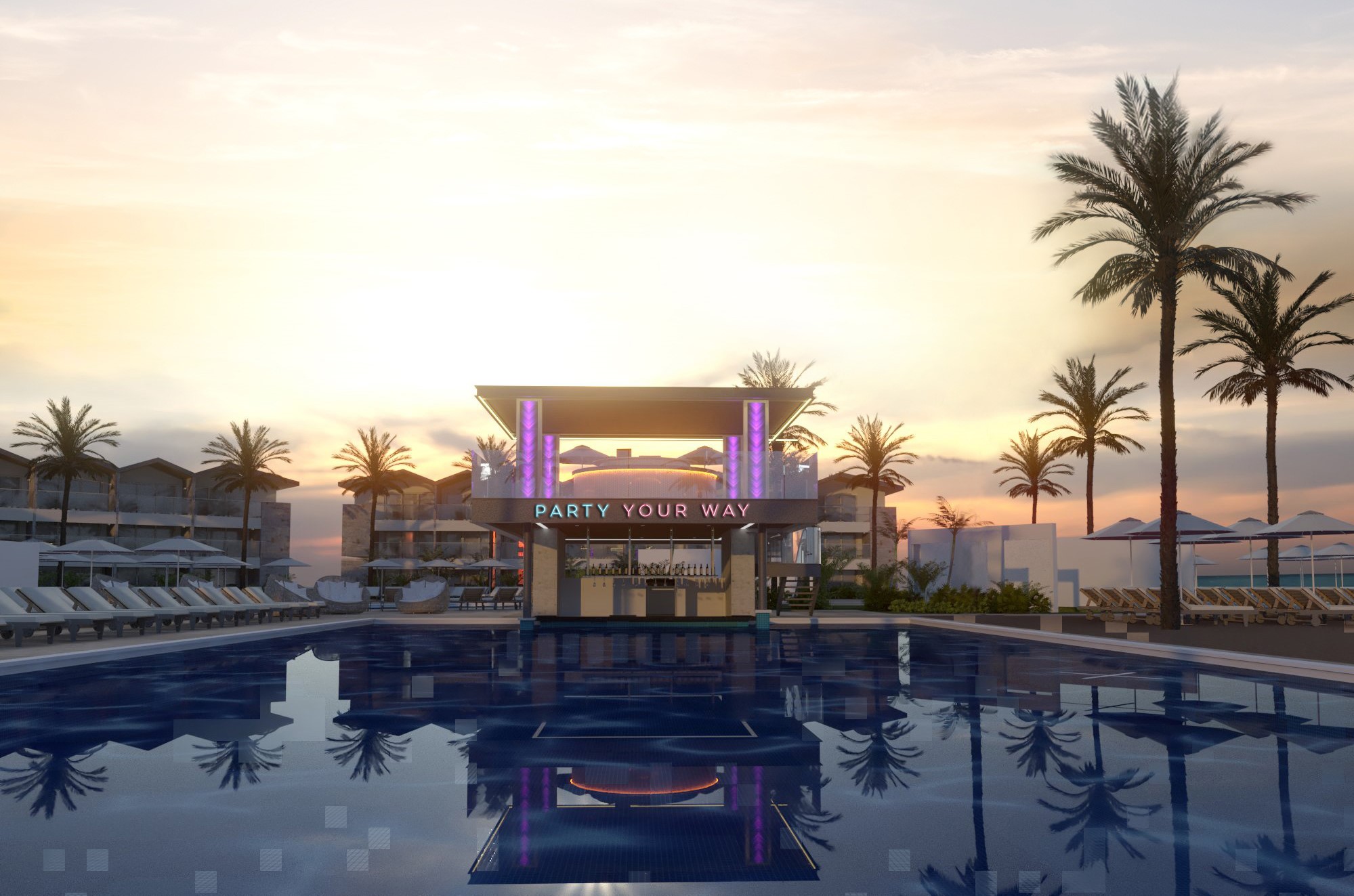 a building with a pool and palm trees in front of it