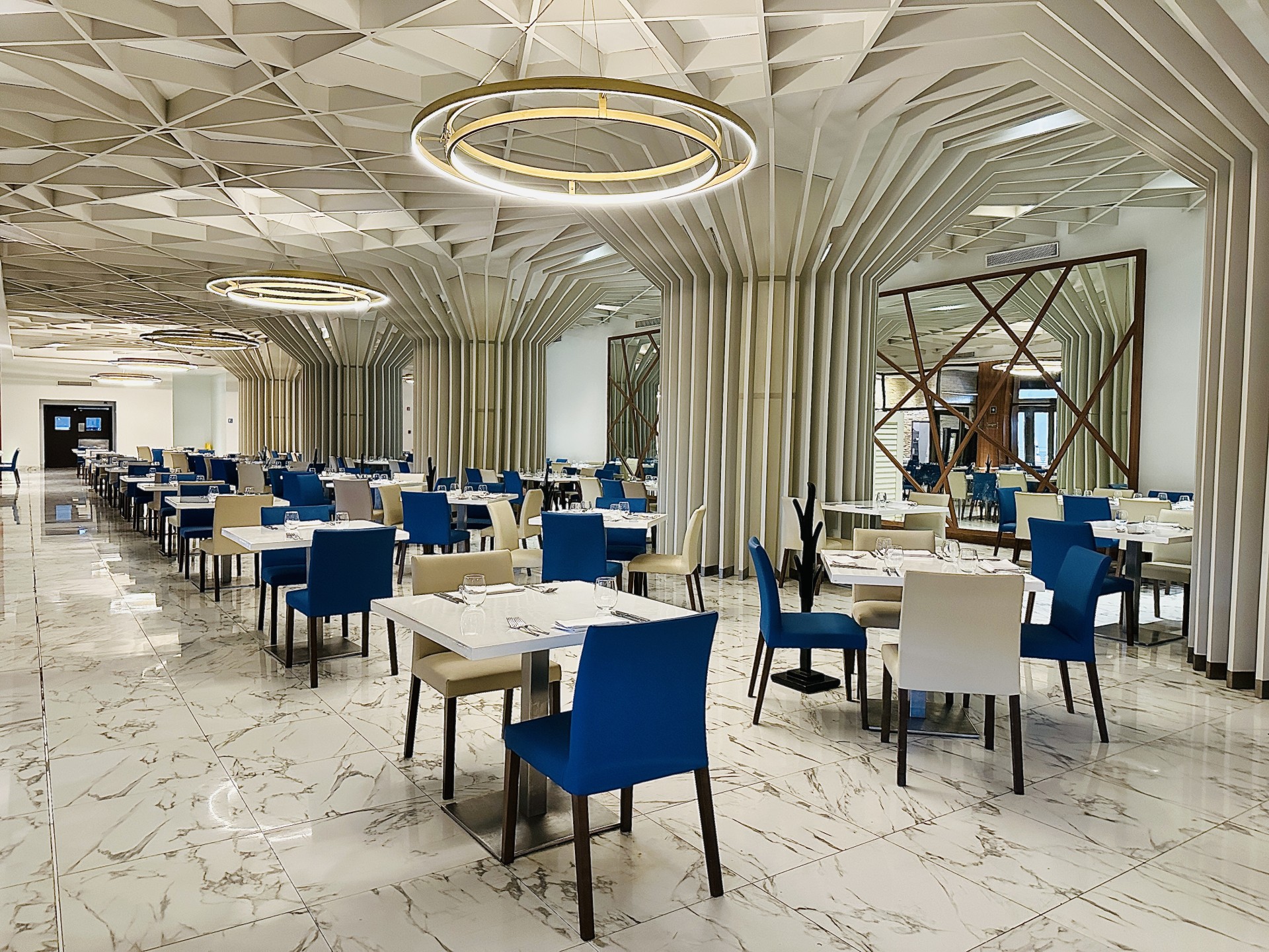 a room with tables and chairs