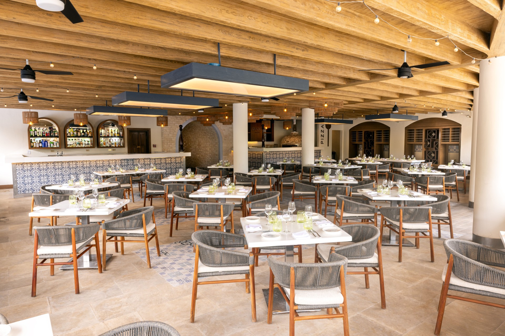 a large room with tables and chairs