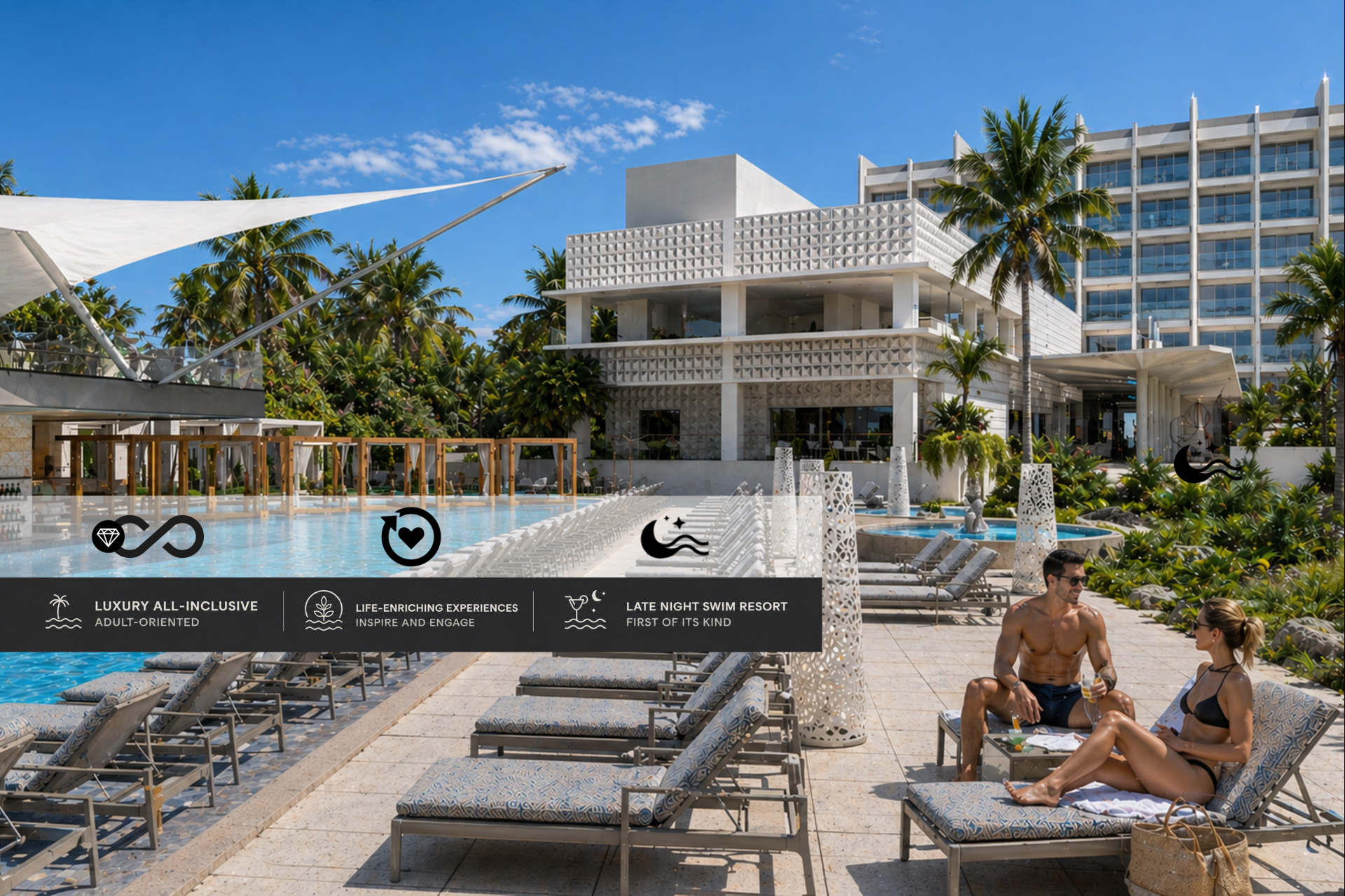 a man sitting on a lounge chair next to a pool
