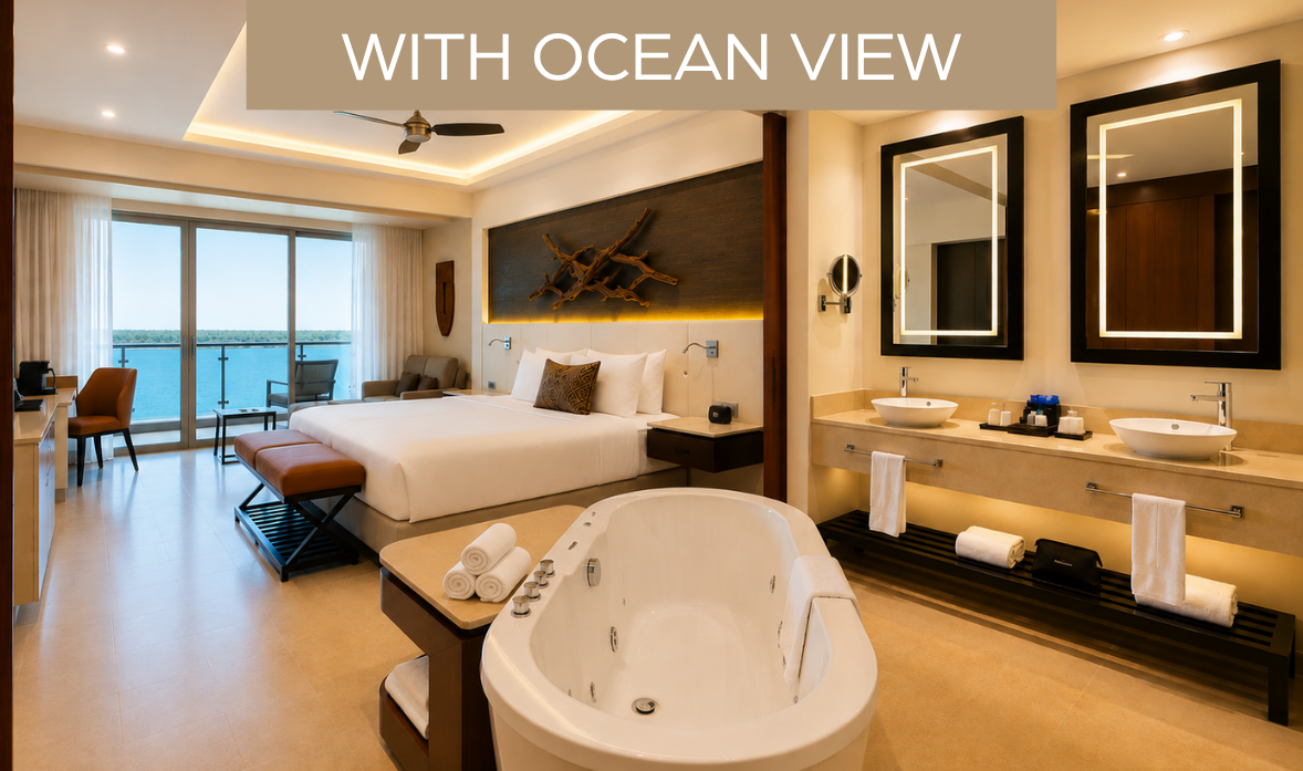 a room with a bed and a bathtub