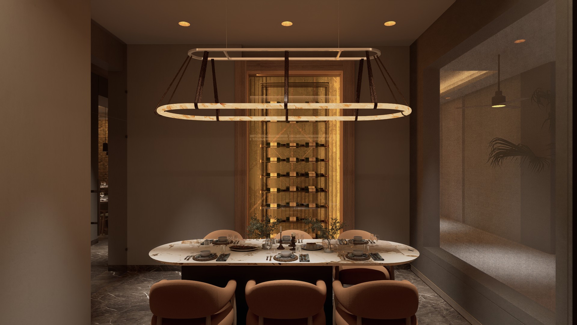 a dining room with a table and chairs