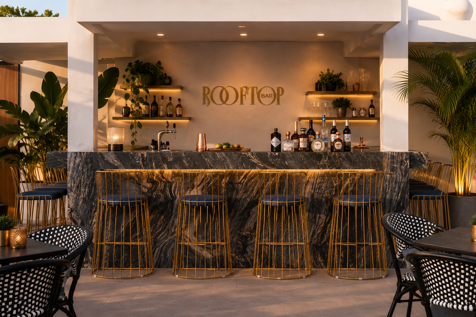a bar with chairs and a bar counter