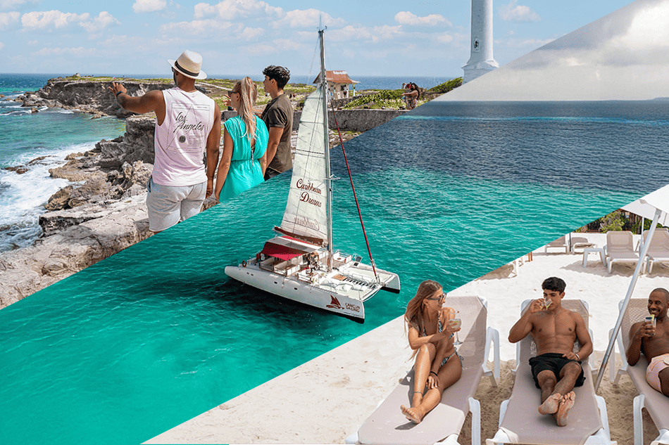 a collage of people and a boat