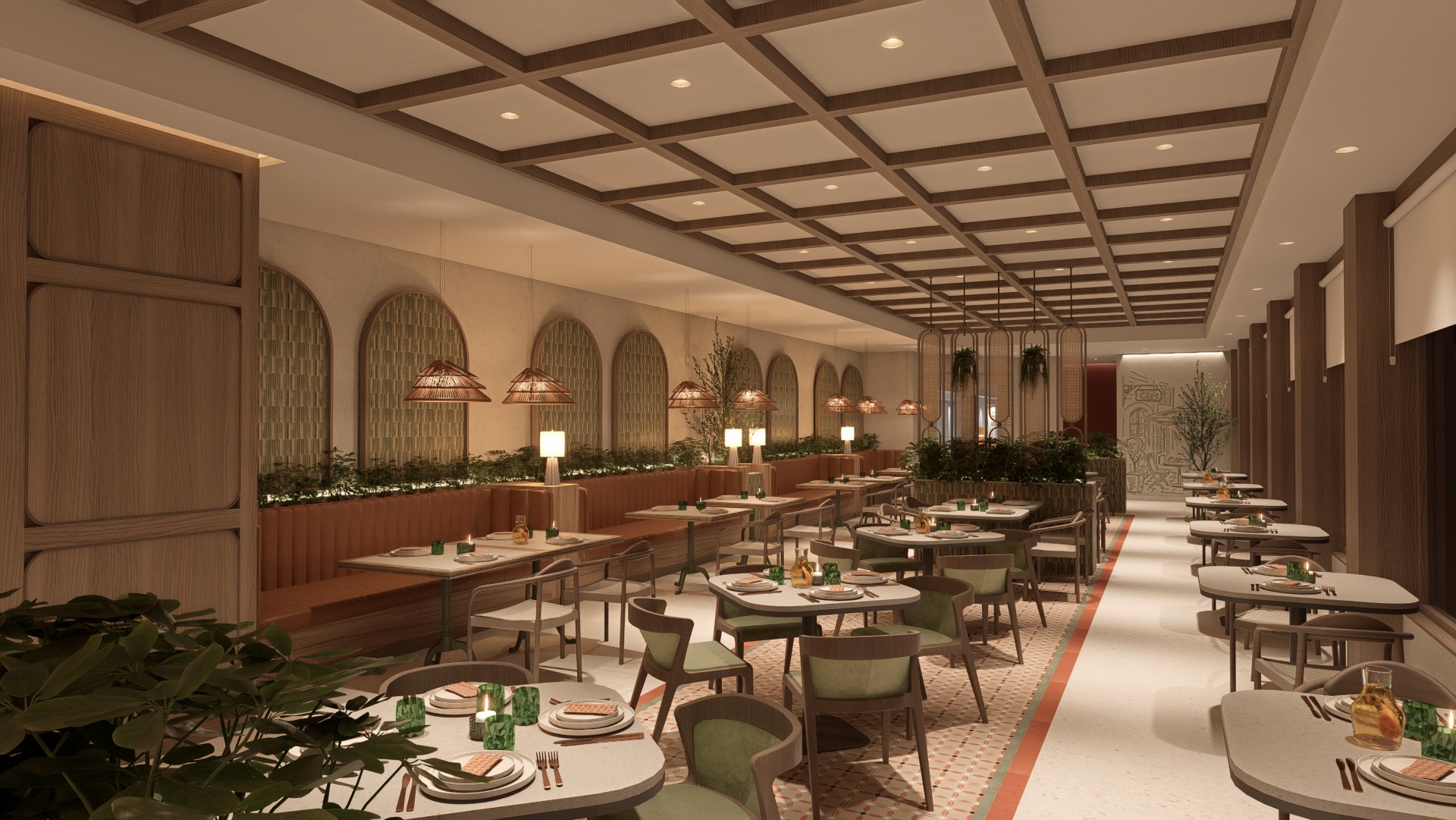 a restaurant with tables and chairs