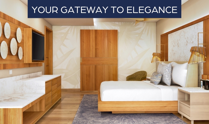 a bedroom with wood furniture
