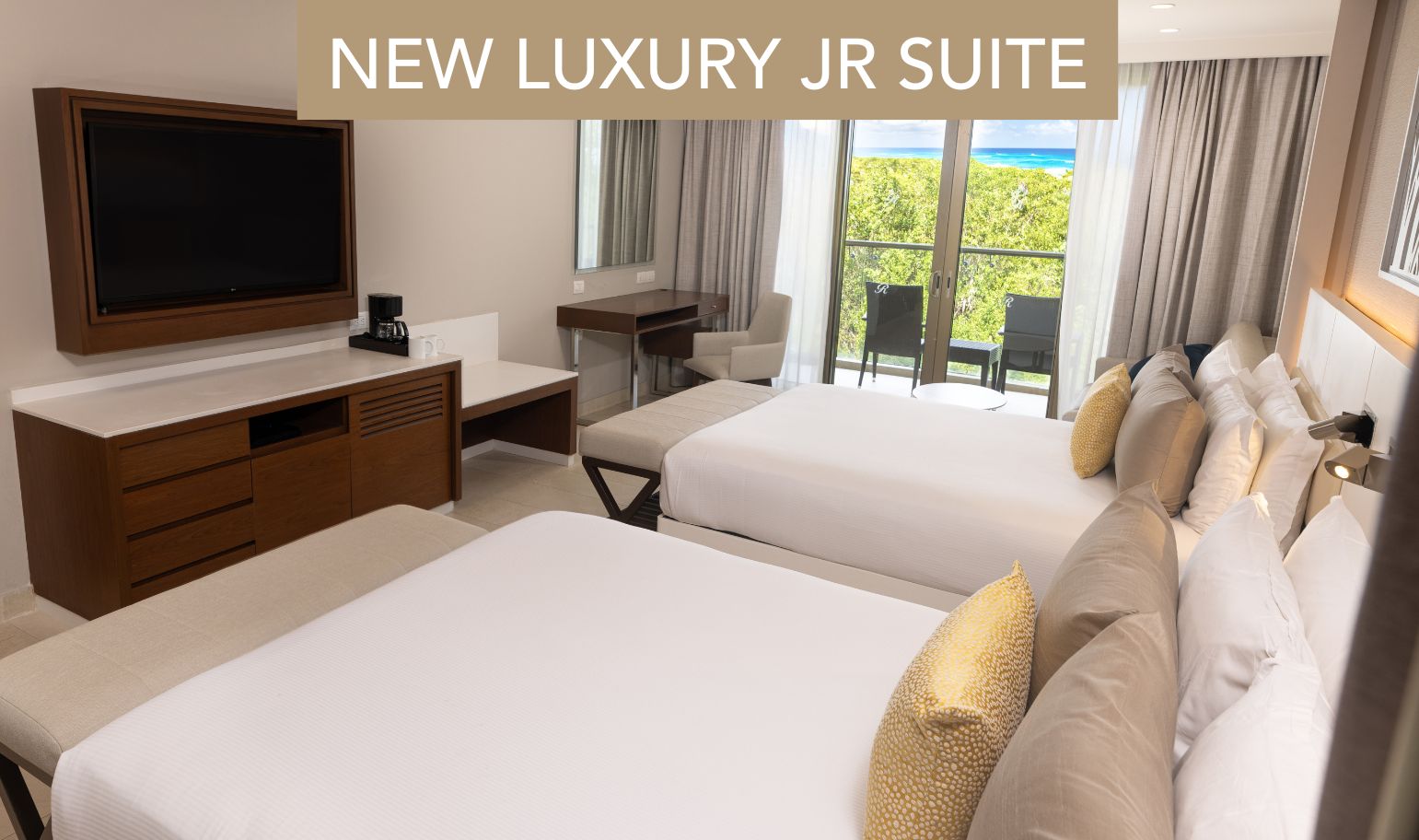 a room with two beds and a television