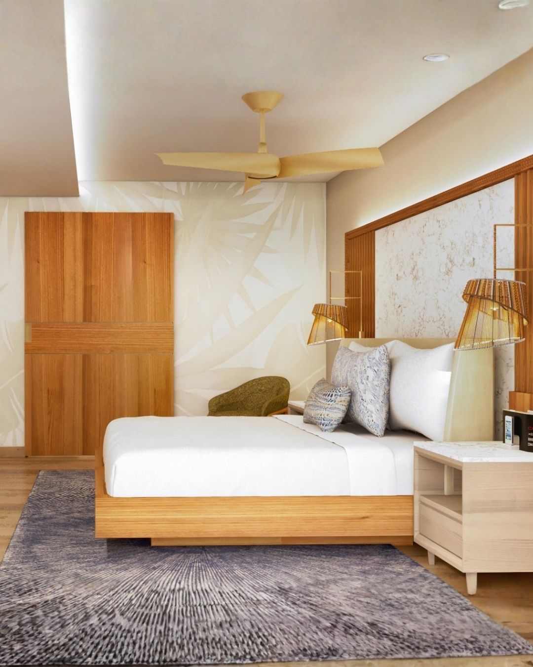 a bedroom with a bed and a fan