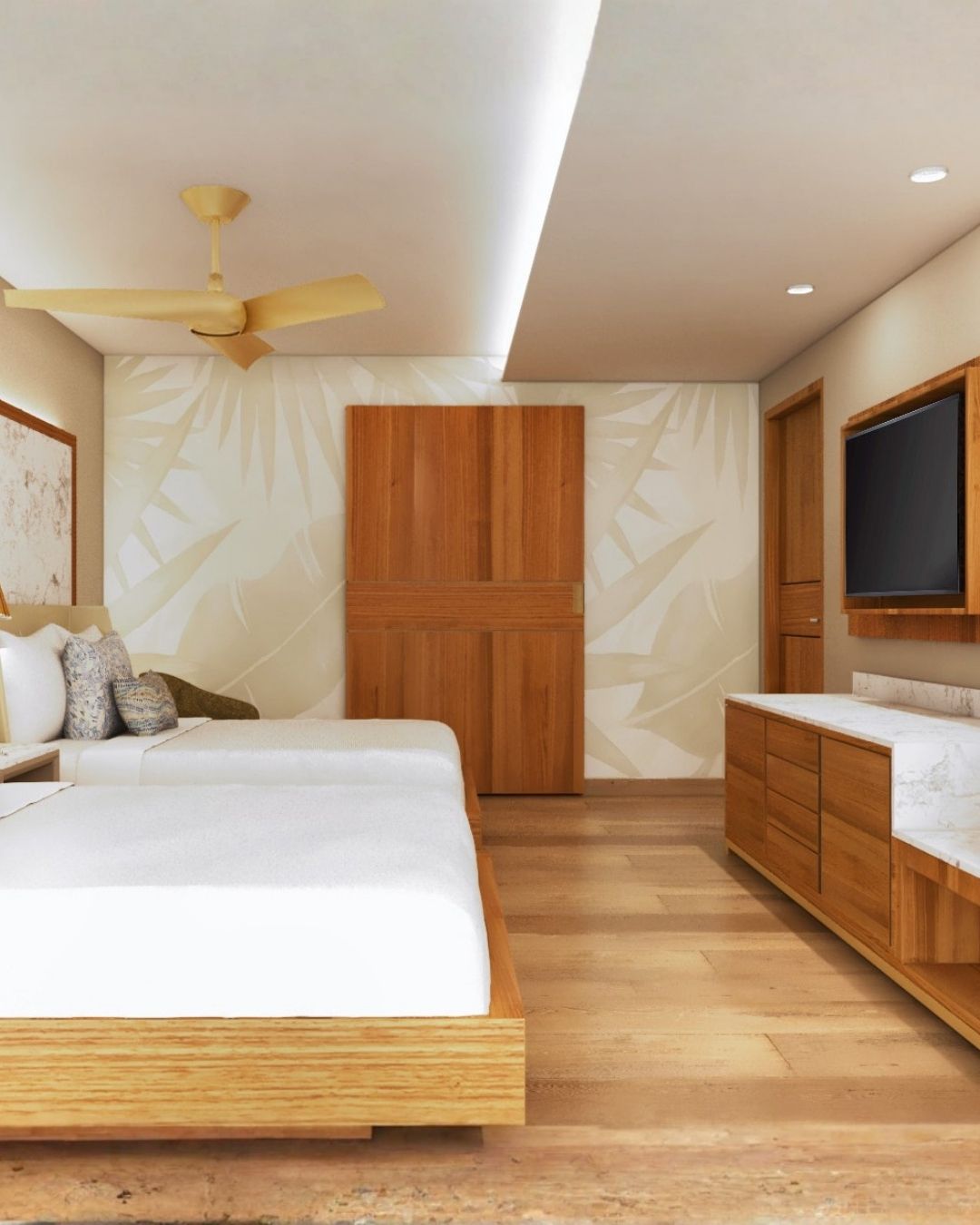 a room with two beds and a tv