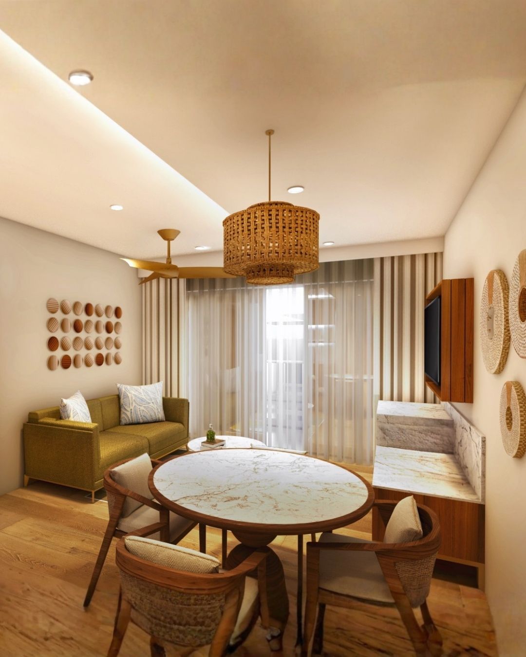 a room with a table and chairs
