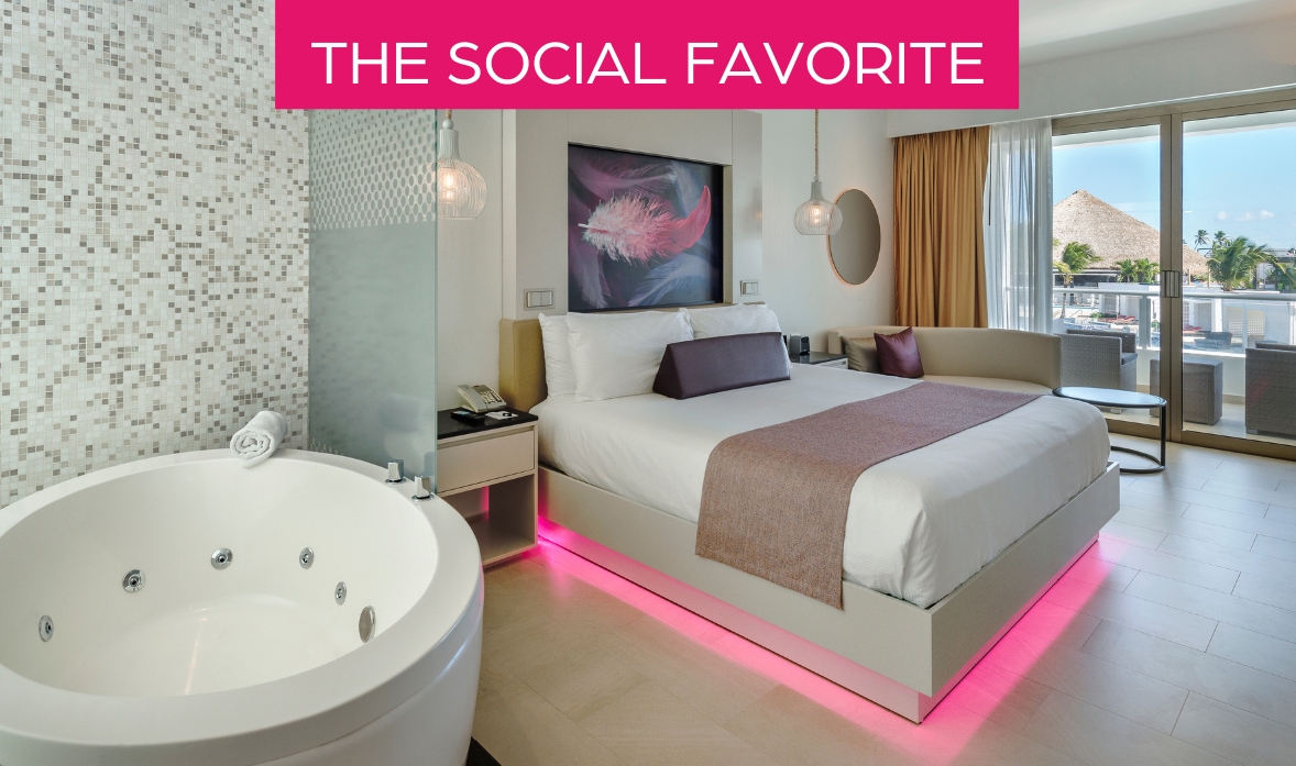 a bed with pink lights in a room