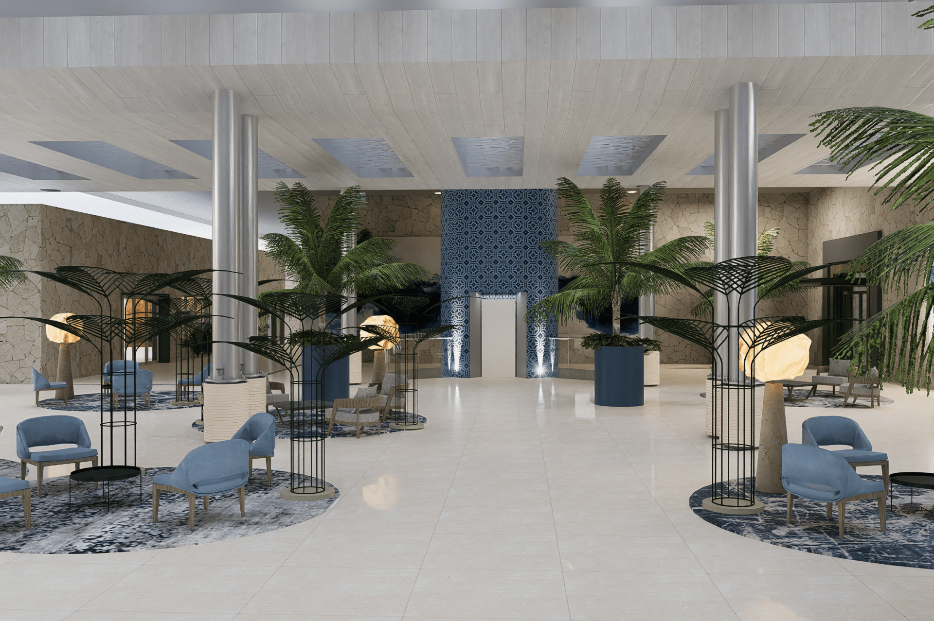 a lobby with palm trees and chairs