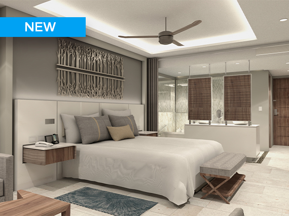 a bedroom with a bed and a fan