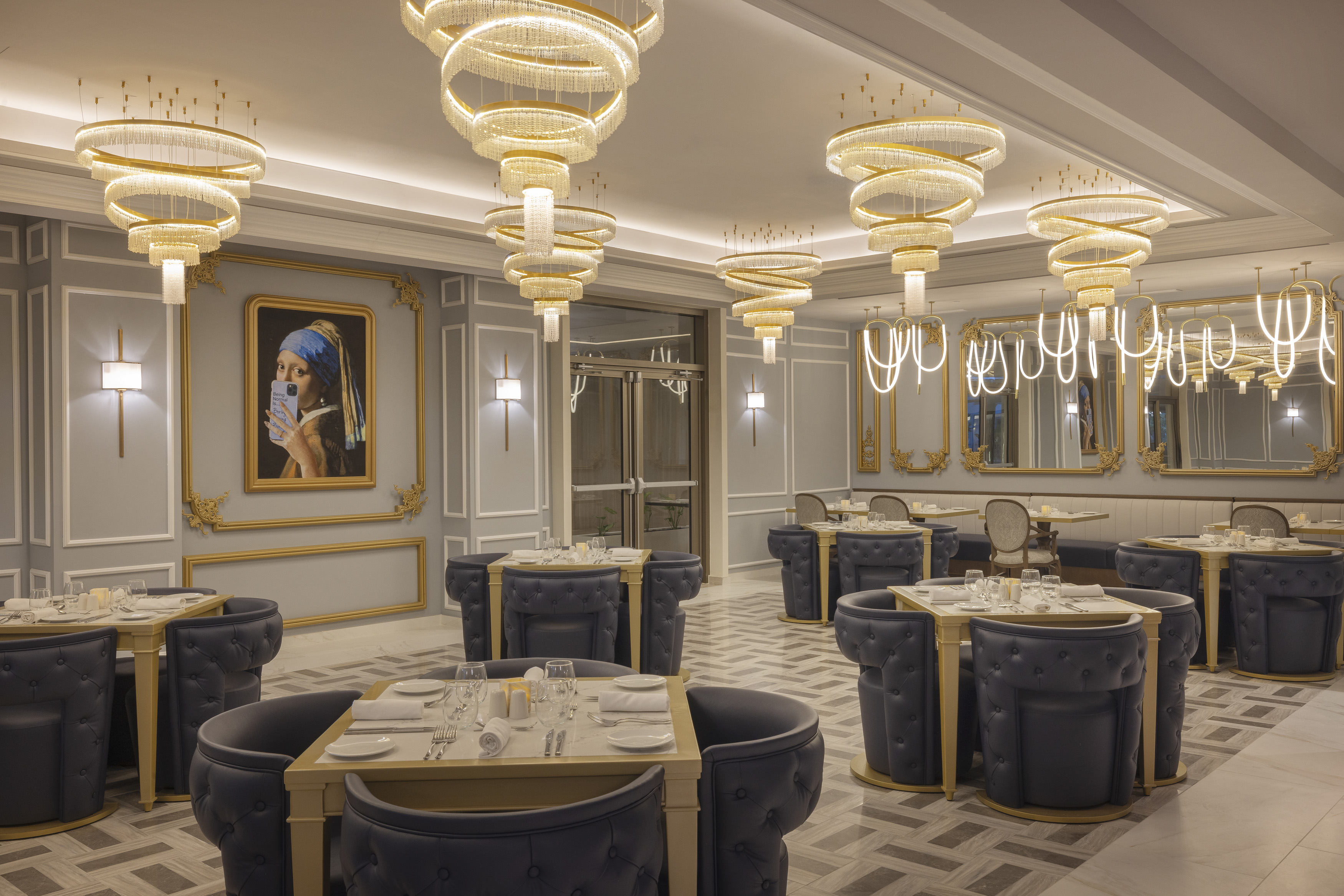 a room with tables and chairs