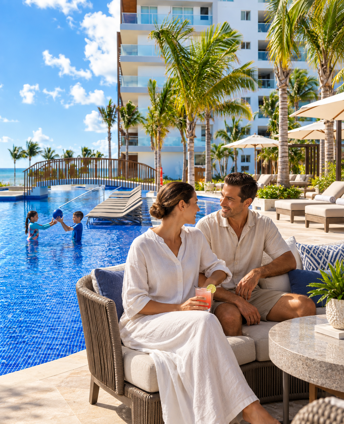 a man and woman sitting on a couch by a pool