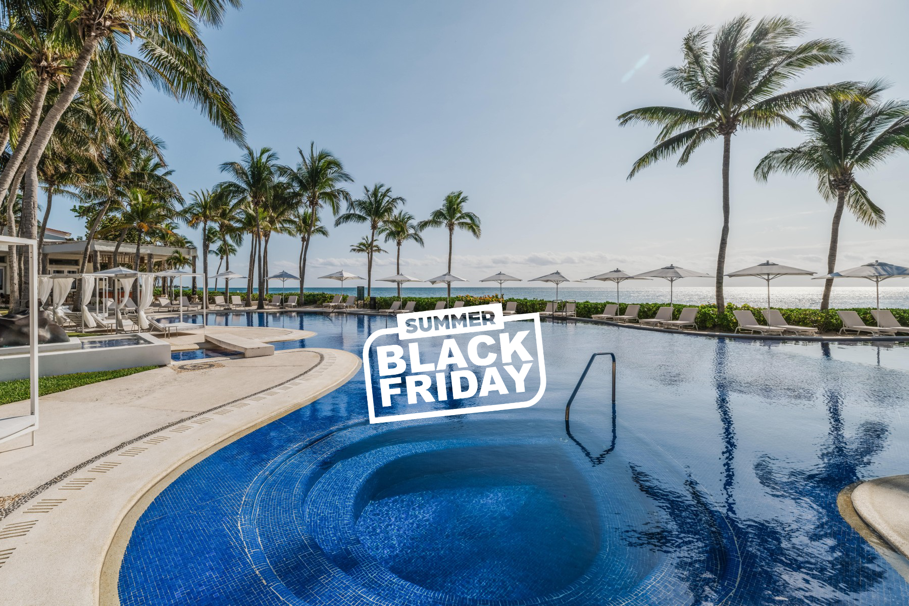 a pool with palm trees and a beach and a white umbrella