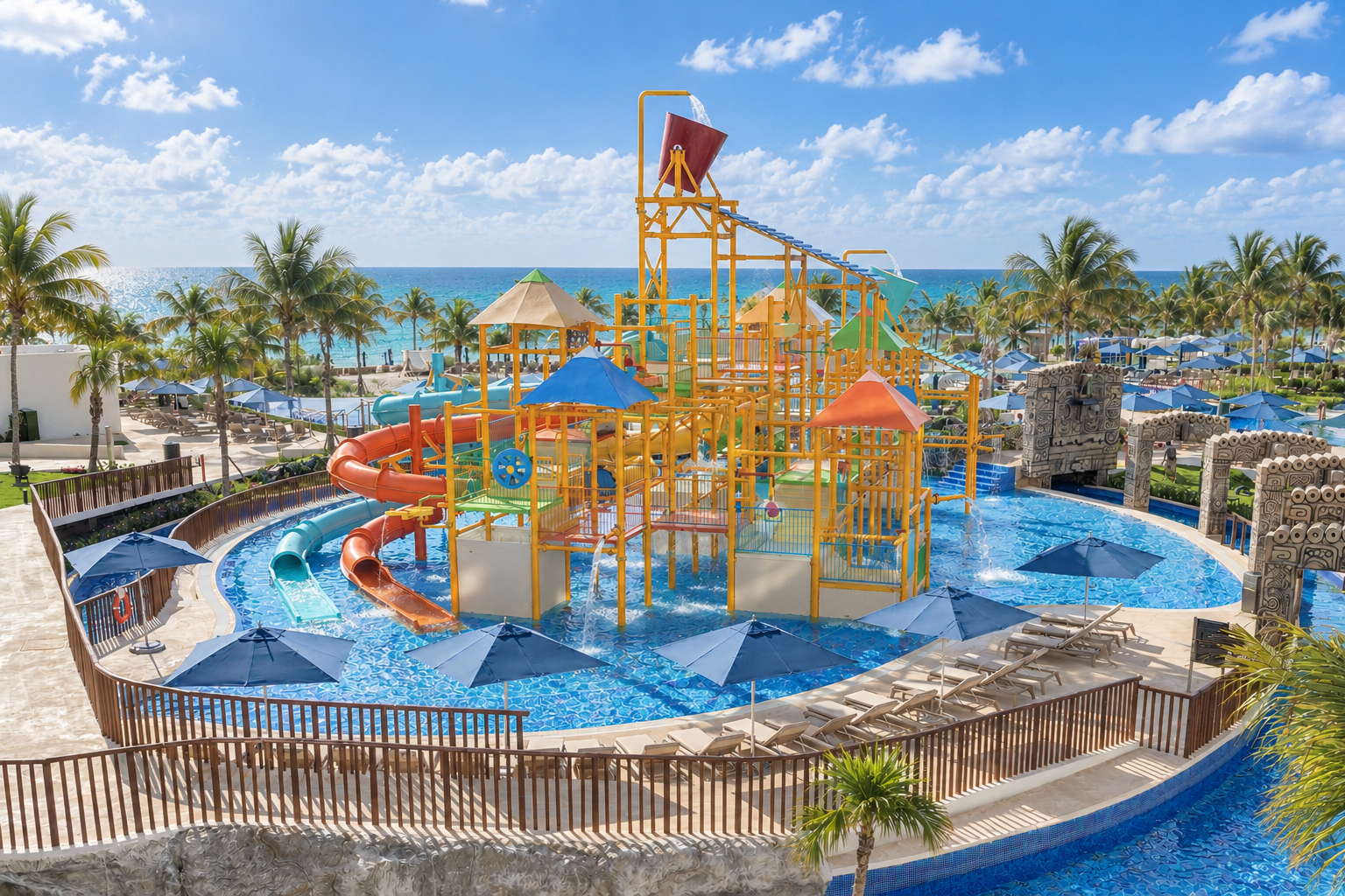 a water park with a slide and umbrellas