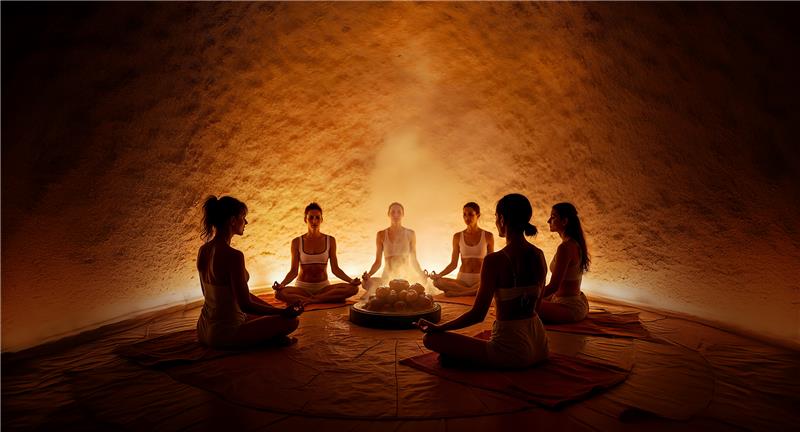a group of women sitting in a circle in front of a fire