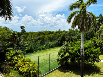 a tennis court surrounded by trees