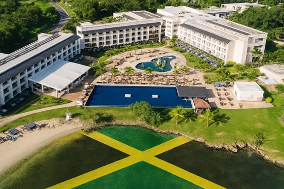 a resort with a pool and a flag