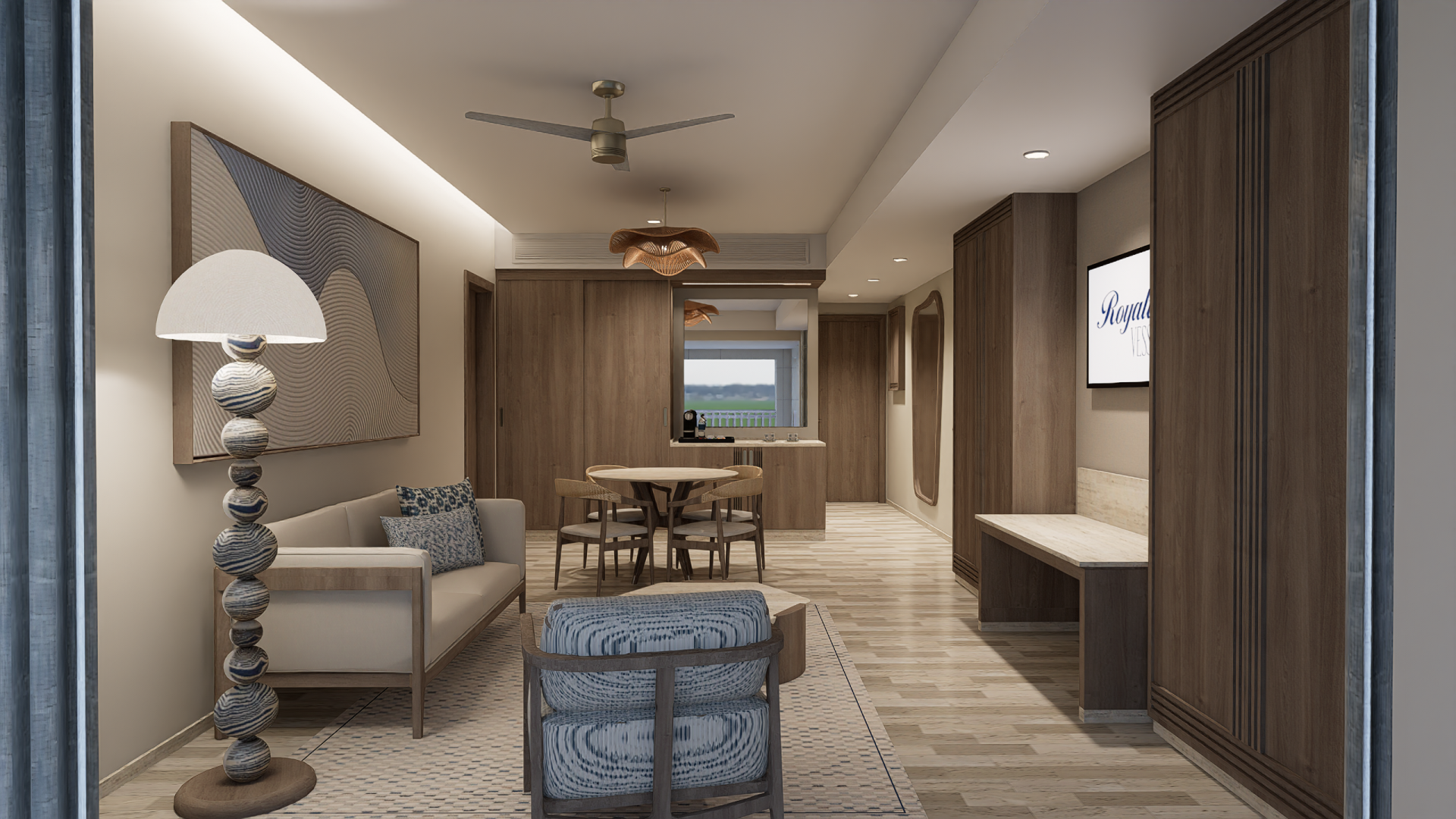 a living room with a table and chairs