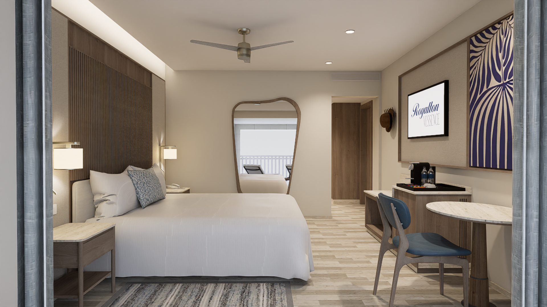 a room with a bed and a desk and a mirror