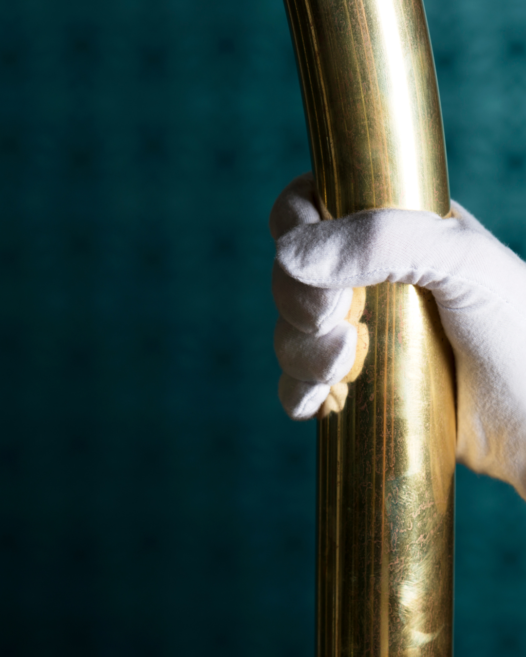 a hand in a white glove holding a gold pole