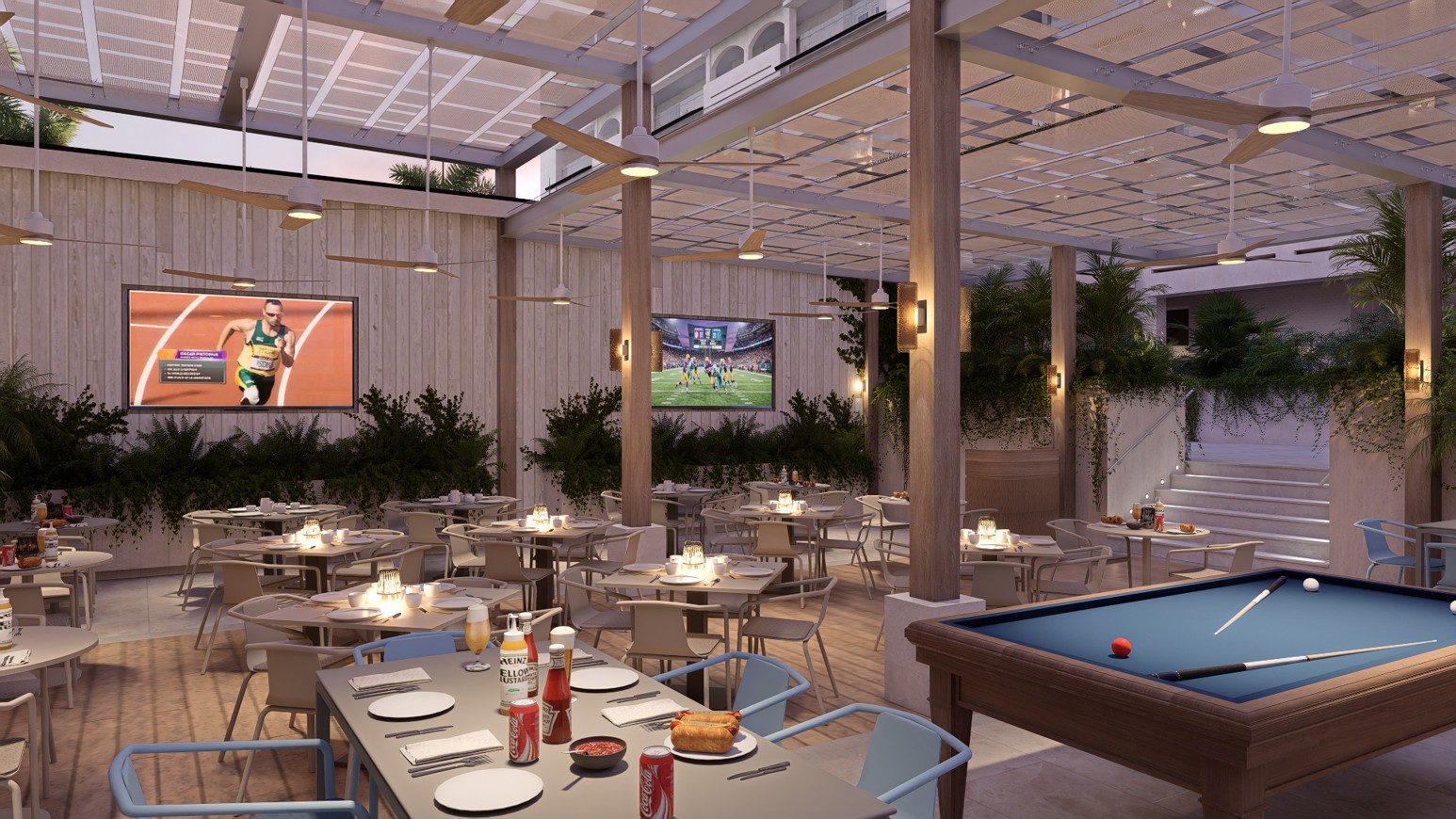 a room with tables and pool table