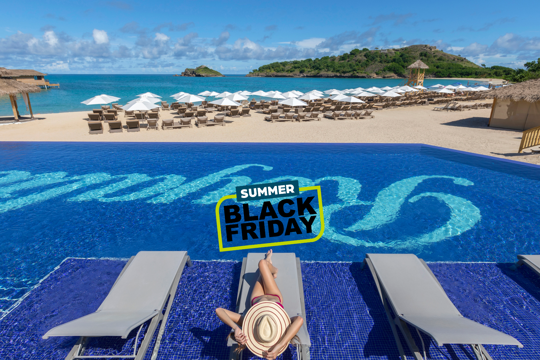 a woman lying on a pool with a beach and umbrellas
